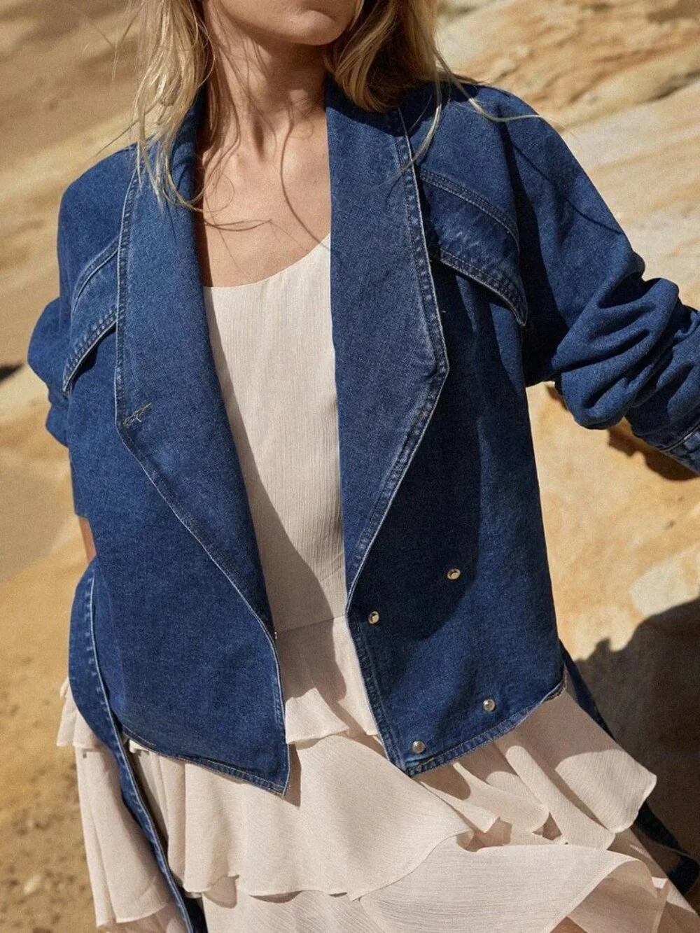Blue Casual Women's Tie-Up Collar Denim Jacket